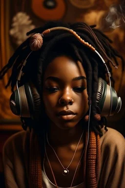 earthy black young woman listening to music with headphones, soul, peace, majestic, earthy colours, at peace, happy, incense, jewels, bands, natural, old school headphones, low siren eyes, incense, almond eyes