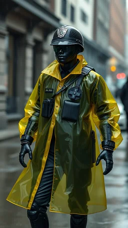 vintage, nypd full body color 1920 black policeman with exoskeleton wtih heavy yellow rain transparent coat