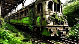 The abandoned old station locomotive is a canvas for nature's art, with vines and moss creeping up its sides and birds nesting in its nooks and crannies. Its once powerful engine now rests, a peaceful contrast to the bustling city it once served