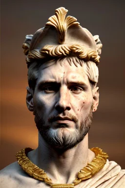 Realistic image, Roman sculpture made in marble with gold veins, Lionel messi, gold laurel leaves crown, waist up portrait,marble material, gold ornaments, Renaissance style, sun rays background, epic, celestial, cinematic lighting, God lights, 4k resolution, smooth details, soft lighting, unreal engine 5, art station, substance 3d.