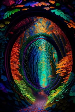 In the heart of an untouched 8K high-definition primeval forest, a mesmerizing kaleidoscope of colors unfolds within a timeless tunnel, creating a vivid gateway to another dimension. The rich hues of nature paint the scene, as if time itself is woven into the very fabric of the lush surroundings.