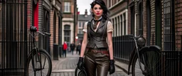 full-height portrait of a woman with straight shoulder-length black hair, with metal arms and legs, dressed in leather trousers, and a waistcoat, in a Victorian street next to a steampunk bike