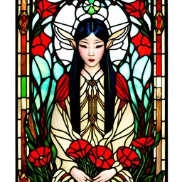 Stained Glass Art Nouveau art style A beautiful as a model asian woodland elf princess who looks like a young Lucy Liu seated on a throne surrounded by poppies in a mystical forest, photo-realistic