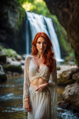 Close UP, delicate, cute, soft, skinny belly red haired Young lady, Green eyes , cave waterfall, medieval