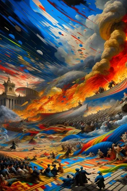 In this intricate and historically charged image, a moment of chaos and conflict unfolds, depicting wars, revolutions, and upheavals. In the background, a fiery scene of battles emerges, with flames and columns of smoke rising into a sky punctuated by the diverse colors of explosions and clashes. In the foreground, a scene from revolutions takes shape, as people manifest defiance, raising symbolic banners and flags, with expressions of anger and protest on their faces. The intricate details hig