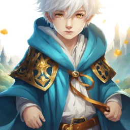 Fantasy World, A boy only wearing a closed wizards robe, and wearing a wizards hat. White Hair. Golden Eyes