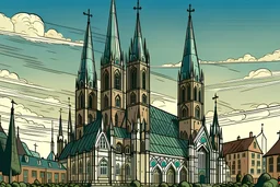 Imagine a modern poster inspered drawing of roskilde domkirke in denmark