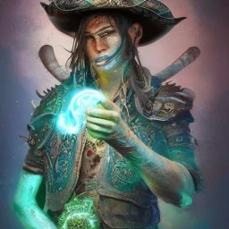 Insanely detailed photograph of an “ a midevil cowboy warrior "with worn Sombrero, handsome charo,cigar,glowing bluish green orb in outstretched hand, hyperdetailed painting by Ismail Inceoglu Huang Guangjian and Dan Witz CGSociety ZBrush Central fantasy art album cover art,8K, hdr, mysterious, flickeringlights ,Stoic