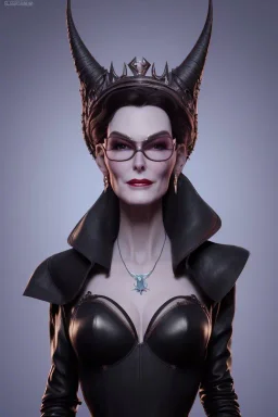 Carmen Dell`orifice as evil queen in black leather, leather, busty, cleavage, angry, stern look. character design by cory loftis, fenghua zhong, ryohei hase, ismail inceoglu and ruan jia. unreal engine 5, artistic lighting, highly detailed, photorealistic, fantasy