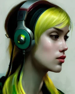 Portrait of a stunning girl with green to yellow hair, wearing headphones, by Greg Rutkowski