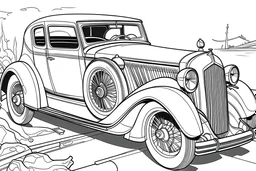 1935 Duesenberg SJ LA Phaeton Coloring Book, white background, kawaii style cartoon coloring page for kids, cartoon style, clean line art high detailed, no background, white, black, coloring book, sketchbook, realistic sketch, free lines, on paper, character sheet, 8k