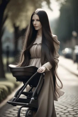 Beautiful Woman, long hair, walking with pram