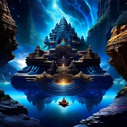 MAGIC rocky cliff, Palace carved into the rock, galaxy, infinity, space, water , sci-fi. meditation lotus website