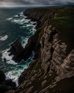 IN THE RENAISSANCE STYLE, look down at the ocean rocks below as you climb high into the bluffs of ireland. holding on to the cliff face, the ocean below storms and swirls around a giant whirlpool