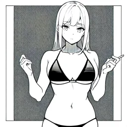 manga, greyscale, line arts, slim girl in bikini