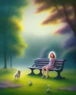 park mystical dream, park bench, man, woman, child, dog, trees, path, bird, sunshine, mystical, fantasy, romanticism, pastel colors, daylight, daytime, acrylic painting, detailed, soft focus,