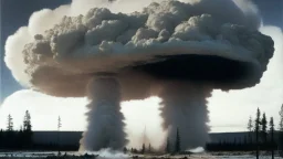 Siberia scenery,taiga forest, consisting of tall trees and dense vegetation, a mushroom-shaped cloud rises into the sky. The cloud is depicted as a massive column of smoke, dust, and debris, ascending vertically and spreading out at the top, forming a distinctive mushroom-like shape, a barren and desolate scene, with charred remnants of trees scattered across the scorched earth, high resolution photo 24K, high quality, ultraHD, cinematic lighting,