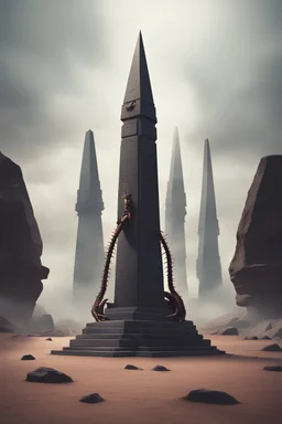 A alien centipede around a monolithic obelisk