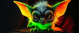 pen outline with some neon airbrush, glowing quickling gremlin in the shadows with long fluffy white fur, pin hole camera