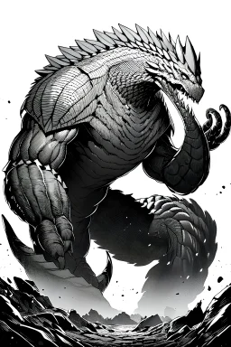 Monster crawls on the ground, greyscale