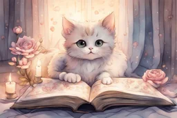 cute chibi cat mother reads a fairytale book to his baby kitten in a bed, flower tapestry, in a bedroom in candlelight, S<AI, watercolor and black ink outlines, soft, shading strokes, light pastel colors, ethereal, cinematic postprocessing, bokeh, dof