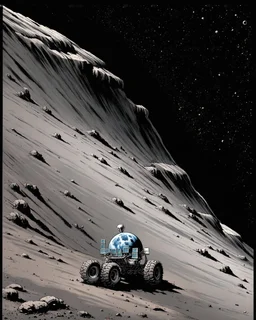 aerial lunar reconnaissance satellite image of a young impact crater with larger regolith along right ride. A damaged metallic alien sphere with fracture lines like an egg. organic growth across regolith and up crater walls. Along the lower frame edge a small modern bare-bones lunar-vehicle sits near the rim with visible wheel tracks. comic pencils