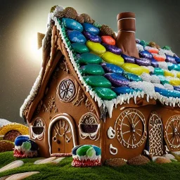 an intricate hobbit-style gingerbread house with rainbow sprinkles, frosting, crushed rock candy, 8k resolution, centered, high-quality, ultrafine-detail, digital art, flickering light, detailed matte, volumetric lighting, illustration, 3D octane render, brian froud, howard lyon, ben goossens, George Grie, greg rutowski, alphonse mucha