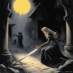[scene in a village by Bernie Wrightson] Seraphina tenses as you press the glowing blade against her vampire wounds, a hiss of pain escaping her lips. The sword pulses with an otherworldly light, and you can feel the heat radiating from it. As the enchanted metal touches her skin, the bites begin to sizzle and smoke. Seraphina cries out, her body convulsing, but she doesn't pull away. She looks up at you, tears of relief and pain welling in her eyes.