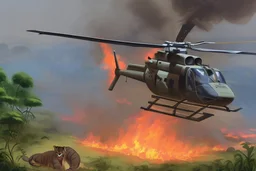 helicopter burning in the jungle the Panter is watching on fire