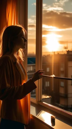 A woman standing and smoking a cigarette and watching the sky Outside the window, the sun bathes at sunset the city in golden light, symbolizing the boundless opportunities awaiting those who dare to dream big and chase after their ambitions.