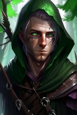 35 year old rogue gay elf, thief assassin, messy Mauve hair, sparkling green eyes, glowing brown skin, black hood, black leather, messy, disheveled, trees, sneaky, bow and arrows, tall, skinny, friendly, stoner