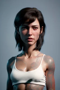 Ultra Realistic image, 25 years old brunette woman, Madrid, portrait, small stature, small chest, yakuza body tattoo, vibrant color, highly detailed, art stations, concept art, smooth, unreal engine 5, god rays, ray tracing, RTX, lumen lighting, ultra detail, volumetric lighting.