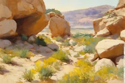 Sunny day, rocks, big rocks, vegetations, distant mountains, sci-fi, luigi chialiva, and ferdinand hodler paintings
