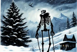 [horror monster series collector cards (1961)] collection "Rare Exports: A Christmas Tale," [Finland 2010] the cold winds howl through the snow-covered landscape. The skeleton Santa Claus stands tall and eerie, a figure of dread rather than joy, as he navigates the crypt filled with haunted gifts, and a ghostly Christmas tree.