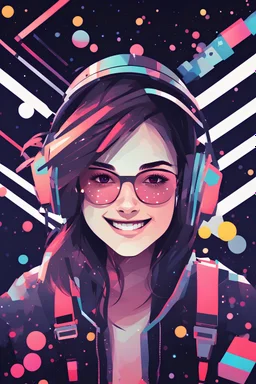 gamer girl big smile, experimental style, constructivist glitch art, cinematic light, constellation dots