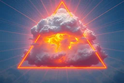 a blue nuclear explosion cloud, behind an orange glowing omega like shape, all inside an equilateral triangle opening, that is like a window to a different world, radiant lines, sci-fi fantastic