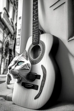 One single mature street cat, friendly, playing guitar, vienna, sunny day, perfect iris, perfect guitar, model style, hyper realistic, extremely accurate, delicate, extremely detailed, Graphic novel style, colours, wide-angle, open aperture, superfine pencil