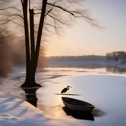 Winter light; soft winter light at dusk, small boat on the river, some people walking, remnants of melting snow, peaceful and serene, beautiful view, a lone heron is in the foreground
