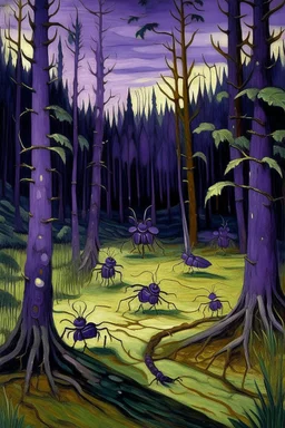 A purple forest with insects painted by Edvard Munch