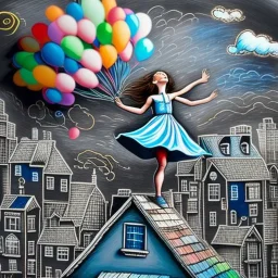 A girl in a blue dress standing tippy toe on the roof of building in chalk-drawn cityscape on a black board, holding a bunch of colorful primary colored balloons.She is standing on the roof of one of the houses, She appears carefree, soaring amidst the whimsical, artistic backdrop of houses.