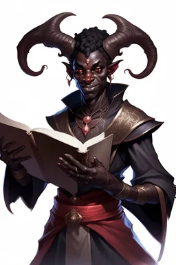 En male black skin tiefling fra dnd holding a book with Arcane Magic simple swirling around them