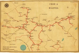 a scan of an ancient Cree Anishinaabe road map, hand drawn been stained and weathered, text is in Cree Syllabic