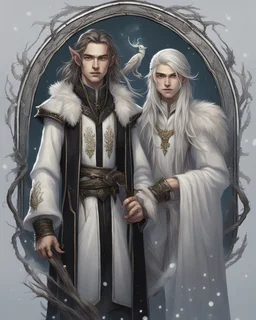 a young High Elf frost Wizard with long wiry hair, wearing a black trimmed white nobleman's robe and frost ornaments on clothes, with a weasel companion