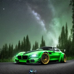 Single extremely detailed realistic sports car (Centered on image), moving on a detailed realistic road in dark woods, clear sky with visible planet, symetrical, HD, 4k, 8k, neon glow, Car color= Dark green with black, Woods color=gray,black,dark green, Sky color= light blue and gray, lightining