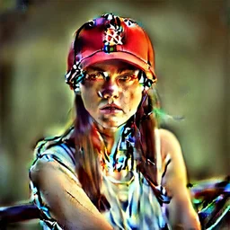 woman with a red baseball hat. leaning on a wooden balcony. night time. studio lightining. fantasy. surrealistic.