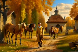 Fascinating, ultra-realistic nature in the photo. Golden autumn. A 32-year-old man in 19th-century Russian clothes walks towards the horses with his head raised to the sky, a smile on his face. In the background, a 19th-century estate and three horses stand at the outhouse.