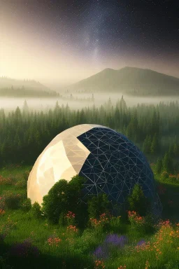 geodesic Dome a facettes transparant ultra réaliste, brouillard, prairie,riviers animé, soleil, ciel étoilé cgi,