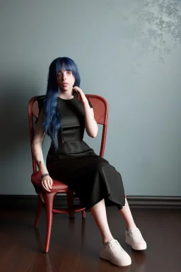 Billie Eilish, sitting on a chair, Black Short Dress, high detail, realistic, 8k