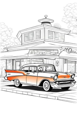 outline art for an adults coloring page, a pristine 1957 Chevrolet Bel Air parked in front of a retro diner, full body, white background, sketch style, full body, only use outline, clean art , white background, no shadows and clear well outlined,