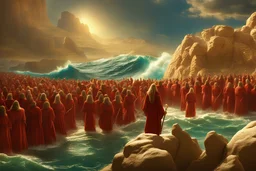 Moses splitting the red sea, UHD, Dynamic lighting, Volumetric lighting, 8k, HD,